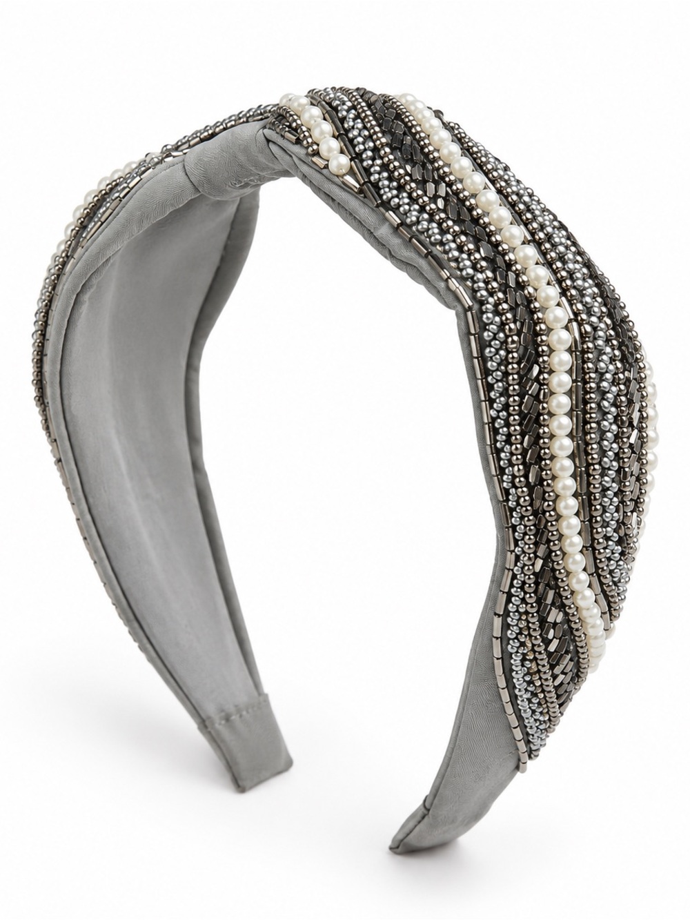 Beaded Pearl Accent Gray Headband